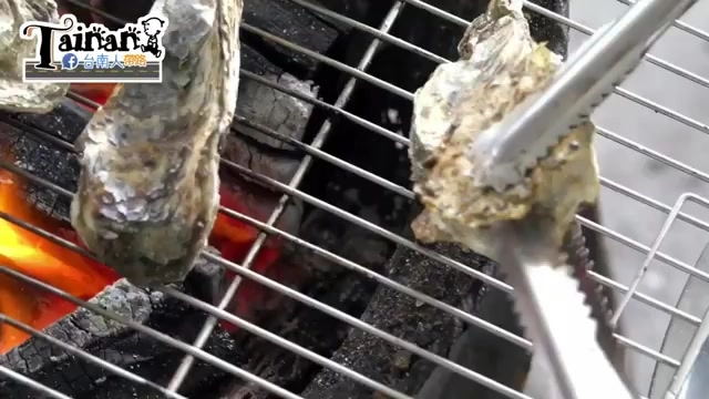炭火烤架上正在燒烤兩顆牡蠣,火光通紅,另一手拿著夾子準備翻烤