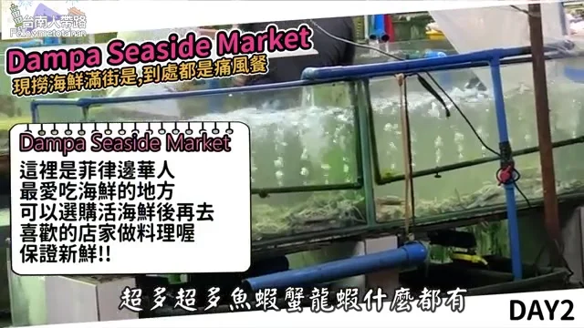 海鮮市場攤位上擺滿活魚、活蝦與螃蟹