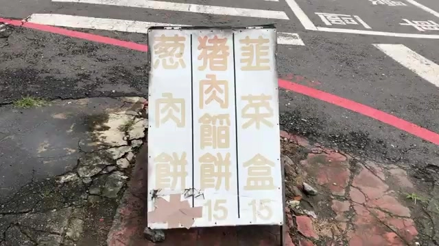 路邊招牌手寫著蔥肉餅、豬肉餡餅、韭菜盒均一價15元，價格實在讓人驚訝