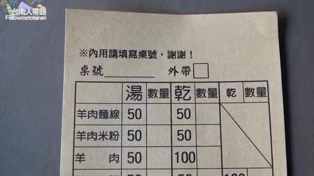 點餐單上清楚列出羊肉麵線、羊肉米粉、羊肉湯內均一價50元的價目表