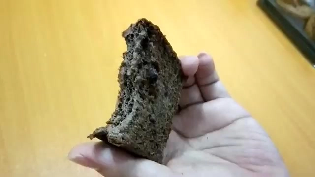 手持一塊深褐色巧克力吐司斷面,可見內部佈滿孔洞的鬆軟蛋糕體